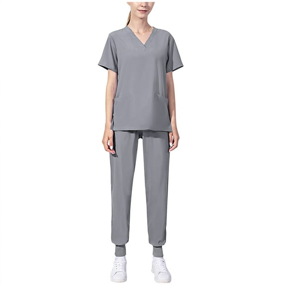 Amzcrzy Women's Scrubs Set Solid Stretch Medical Uniform Scrub Set V Neck Short Sleeve Top Cargo Tapered Jogger Pants