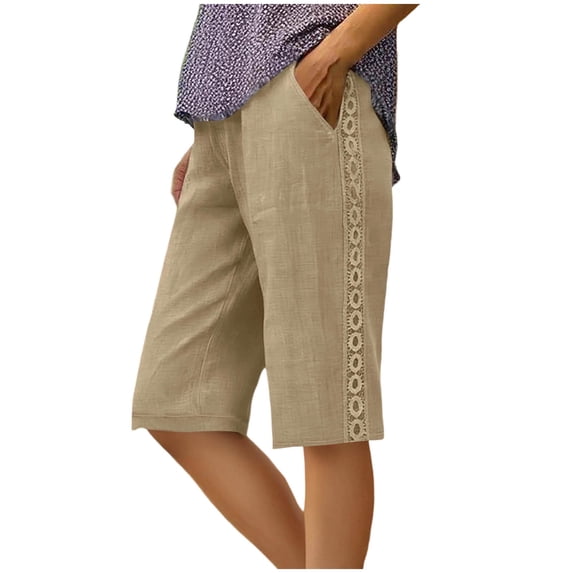 Amzcrzy Women's Shorts Drawstring Elastic Waist Shorts for Women Lightweight Comfy Knee Length Lounge Shorts Casual Solid Color Linen Shorts with Pockets Trendy Hallow Side Vacation Outfits S