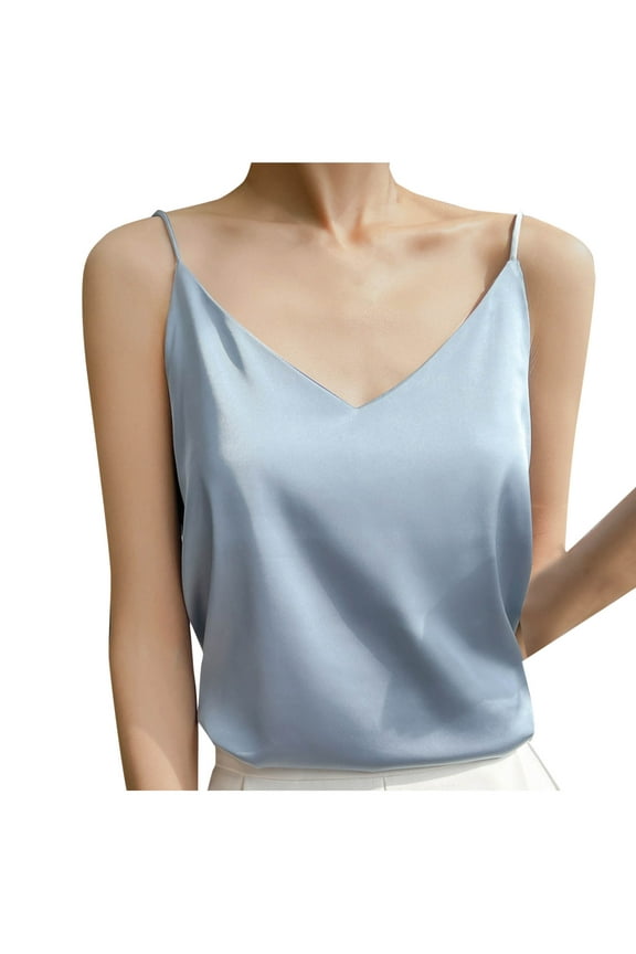 Women's Silk Satin Tank Tops V Neck Adjustable Spaghetti Strap Sleeveless Camisole Summer Basic Blouse S-3XL