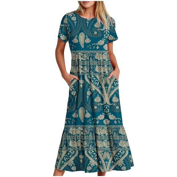 Amzcrzy Women's Summer Dresses 2024 Fashion Casual Bohemian Floral Beach Dresses Short Sleeve Crewneck Sundress Flowy Maxi Beach Dress Long Beach Midi Dress with Pockets S-2XL