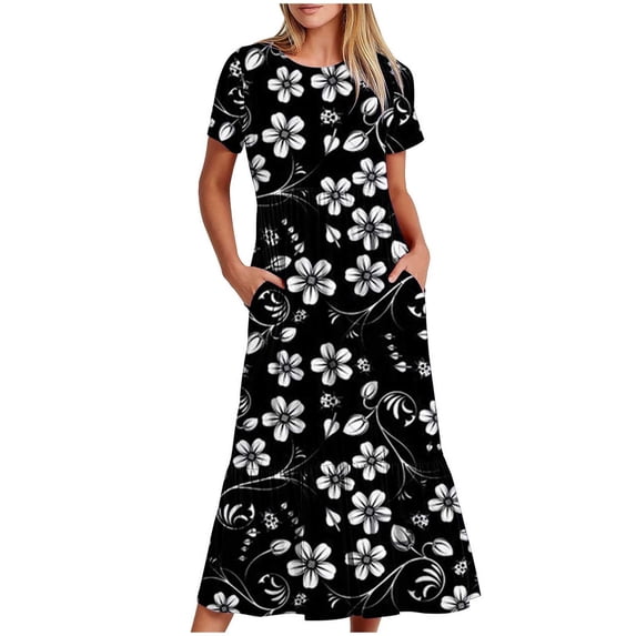 Amzcrzy Women's Summer Dresses 2024 Fashion Casual Bohemian Floral Beach Dresses Short Sleeve Crewneck Sundress Flowy Maxi Beach Dress Long Beach Midi Dress with Pockets S-2XL