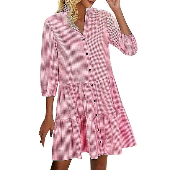 Amzcrzy Women's Tunic Shirt Mini Dress Long Sleeve Cotton Drop Waist Collar Short Dress Button Up Ruffle Hem Shift Dresses S-XL