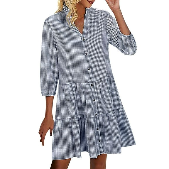 Amzcrzy Women's Tunic Shirt Mini Dress Long Sleeve Cotton Drop Waist Collar Short Dress Button Up Ruffle Hem Shift Dresses S-XL