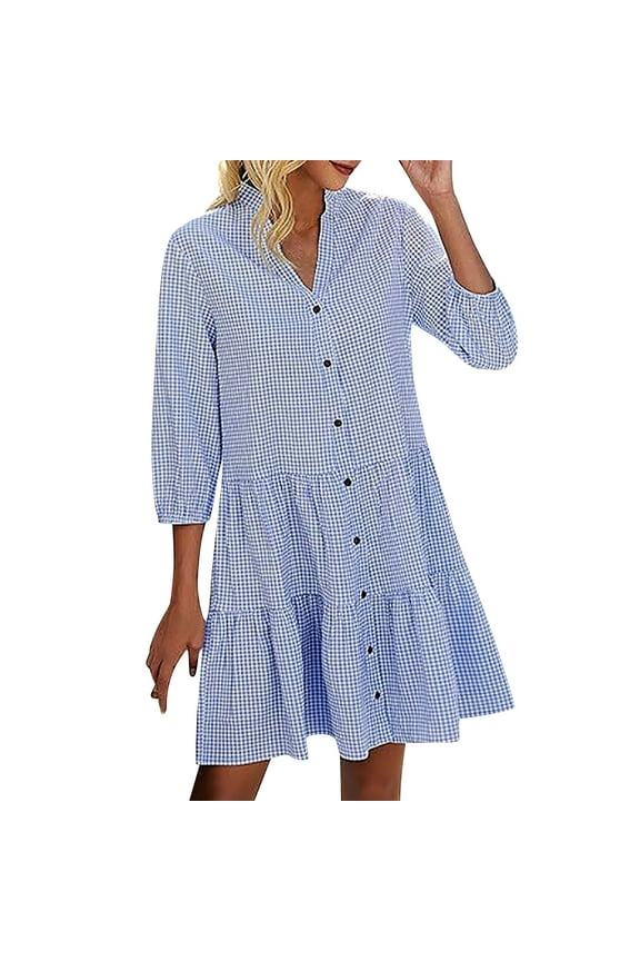 Women's Tunic Shirt Mini Dress Long Sleeve Cotton Drop Waist Collar Short Dress Button Up Ruffle Hem Shift Dresses S-XL