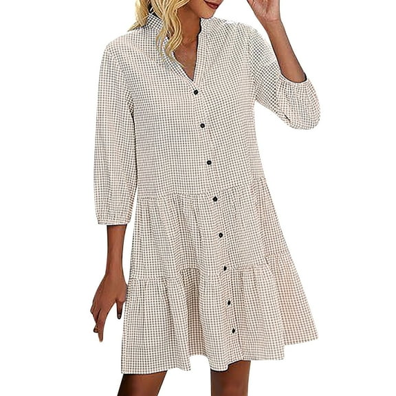 Amzcrzy Women's Tunic Shirt Mini Dress Long Sleeve Cotton Drop Waist Collar Short Dress Button Up Ruffle Hem Shift Dresses S-XL