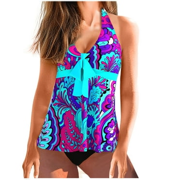 Amzcrzy Womens 2024 Two Piece Tankini Swimsuits Modest Tankini Bathing Suit Tops with Shorts Tummy Control Swimwear S-5XL