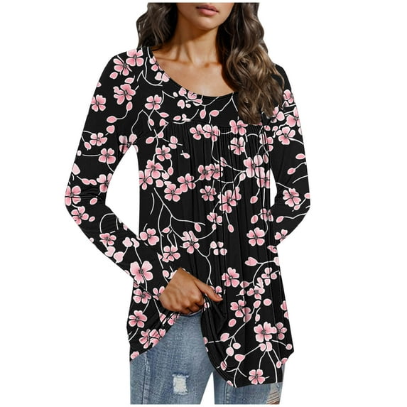 Amzcrzy Womens Basic Tops Floral Long Sleeve Shirts Business Casual Tunic Tops Pleat Boat Neck Work Blouse S-3XL