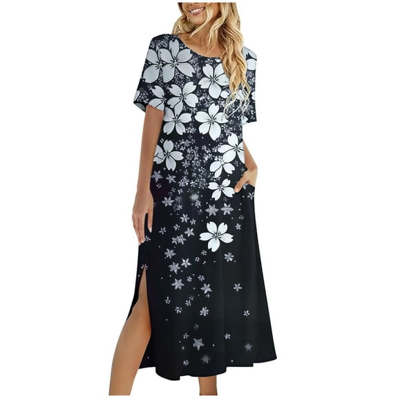 Amzcrzy Womens Beach Sundress Casual Loose Bohemian Floral Split Dress with Pockets Short Sleeve Long Maxi Summer Beach Swing Dress S-2XL