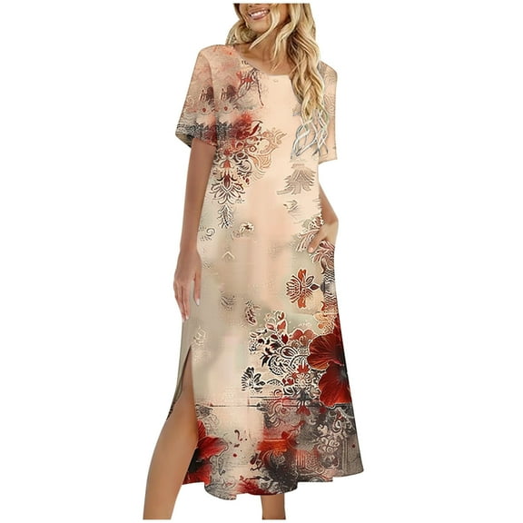Amzcrzy Womens Beach Sundress Casual Loose Bohemian Floral Split Dress with Pockets Short Sleeve Long Maxi Summer Beach Swing Dress S-2XL