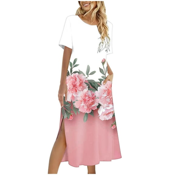Amzcrzy Womens Beach Sundress Casual Loose Bohemian Floral Split Dress with Pockets Short Sleeve Long Maxi Summer Beach Swing Dress S-2XL