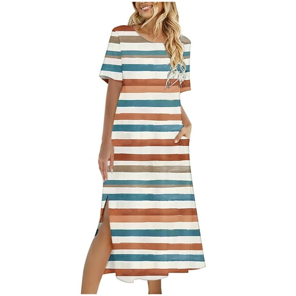 Amzcrzy Womens Beach Sundress Casual Loose Bohemian Floral Split Dress with Pockets Short Sleeve Long Maxi Summer Beach Swing Dress S-2XL
