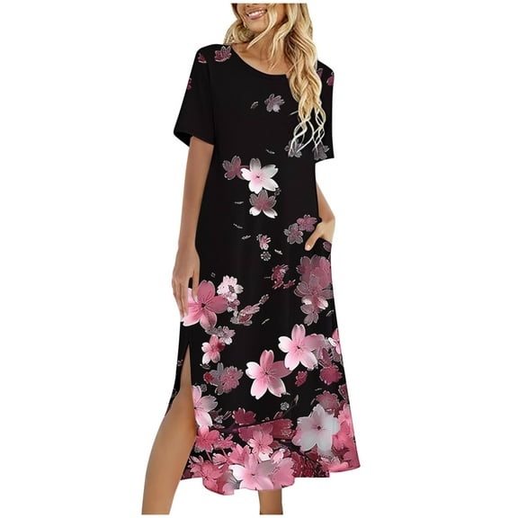 Amzcrzy Womens Beach Sundress Casual Loose Bohemian Floral Split Dress with Pockets Short Sleeve Long Maxi Summer Beach Swing Dress S-2XL