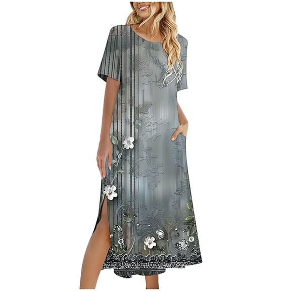 Amzcrzy Womens Beach Sundress Casual Loose Bohemian Floral Split Dress with Pockets Short Sleeve Long Maxi Summer Beach Swing Dress S-2XL