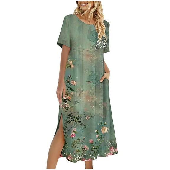 Amzcrzy Womens Beach Sundress Casual Loose Bohemian Floral Split Dress with Pockets Short Sleeve Long Maxi Summer Beach Swing Dress S-2XL
