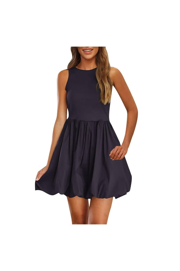 Womens Bubble Tank Dress, Sleeveless Puffy Drop Waist Formal Dress Solid Color Square Neck Mini Dresses for Women S-2XL