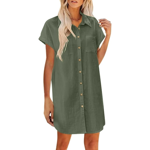 Amzcrzy Womens Button Down Shirt Dress Summer Cotton Linen Collared Dress V-Neck Mini Dress Casual Short Sleeve Loose Tunic Dresses with Pockets S-2XL