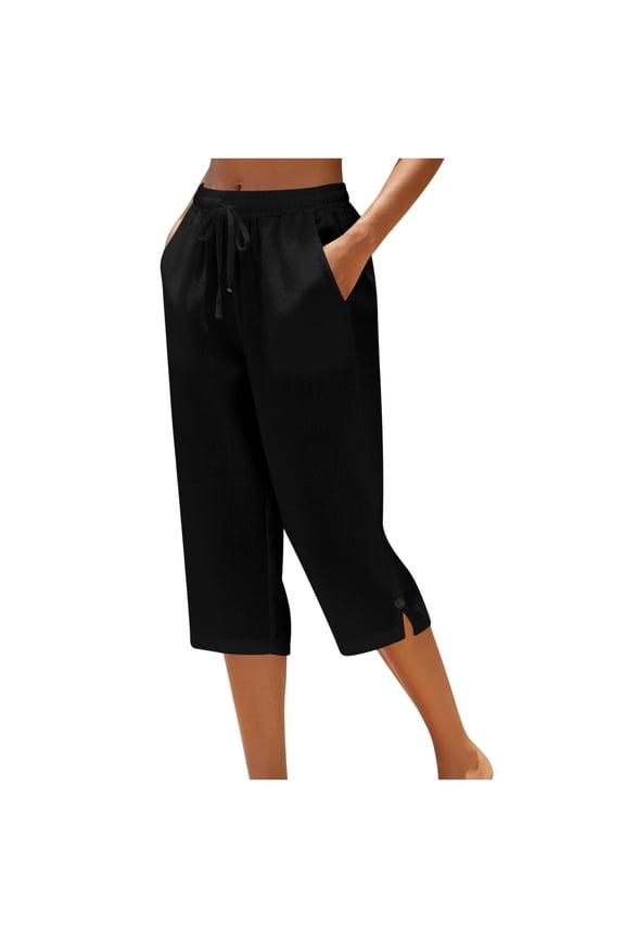 Womens Capri Pants 2026 Linen Cotton High Waisted Wide Leg Pants for Women Relaxed Calf Side Slit Casual Women Cropped Pants with Pockets & Button Detail for Summer Daliy Black L
