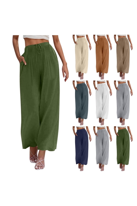 Womens Casual Plus Size Lounge Pants Cotton Linen Palazzo Pants Drawstring Elastic Waist Casual Wide Leg Trousers with Pockets S-3XL
