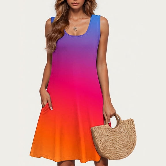 Amzcrzy Womens Casual Summer Dress Sleveless Scoop Neck Tank Dress Tie Dye Loose Flowy Beach Dress with Pockets Midi Sundress S-2XL