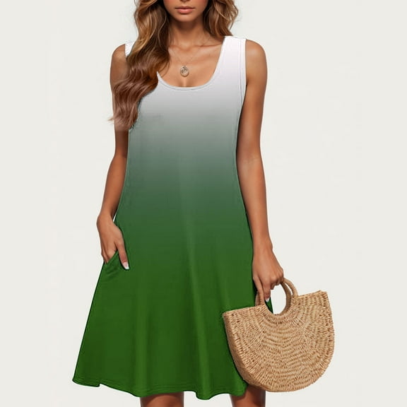 Amzcrzy Womens Casual Summer Dress Sleveless Scoop Neck Tank Dress Tie Dye Loose Flowy Beach Dress with Pockets Midi Sundress S-2XL