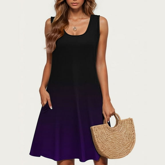 Amzcrzy Womens Casual Summer Dress Sleveless Scoop Neck Tank Dress Tie Dye Loose Flowy Beach Dress with Pockets Midi Sundress S-2XL