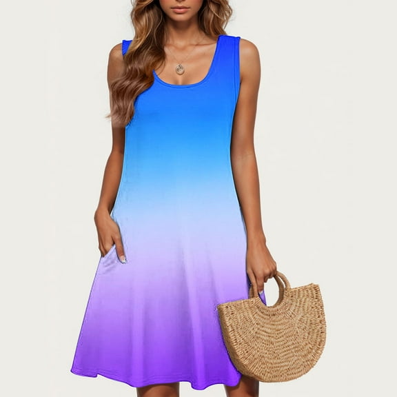 Amzcrzy Womens Casual Summer Dress Sleveless Scoop Neck Tank Dress Tie Dye Loose Flowy Beach Dress with Pockets Midi Sundress S-2XL