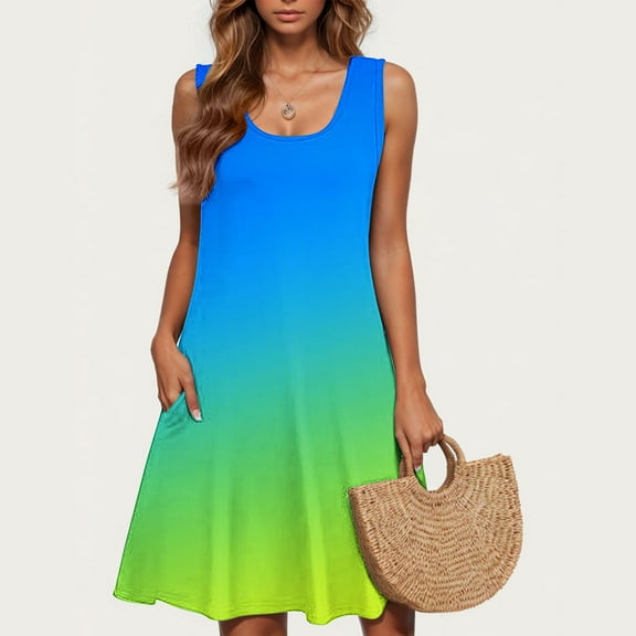 Amzcrzy Womens Casual Summer Dress Sleveless Scoop Neck Tank Dress Tie Dye Loose Flowy Beach Dress with Pockets Midi Sundress S-2XL