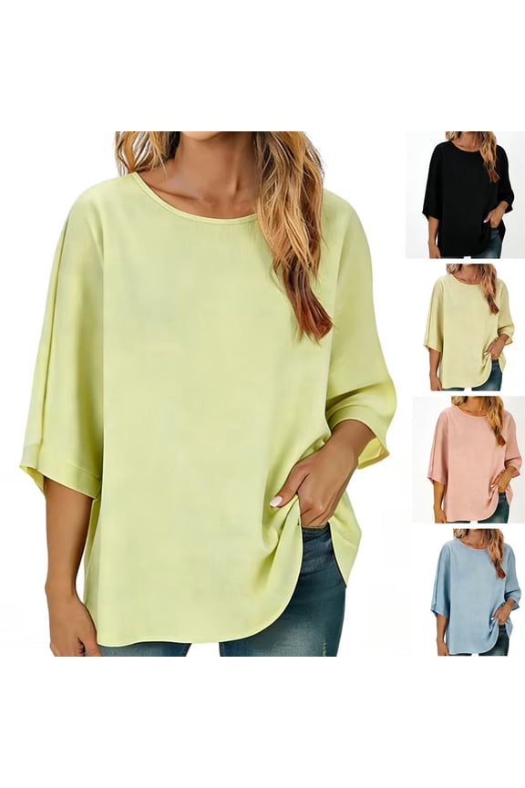 Womens Cotton Plus Size Tops 3/4 Batwing Sleeve Open Back Oversized Tops Casual Loose Fit Crewneck Shirts Solid Color Flowy Trendy Tees Blouse
