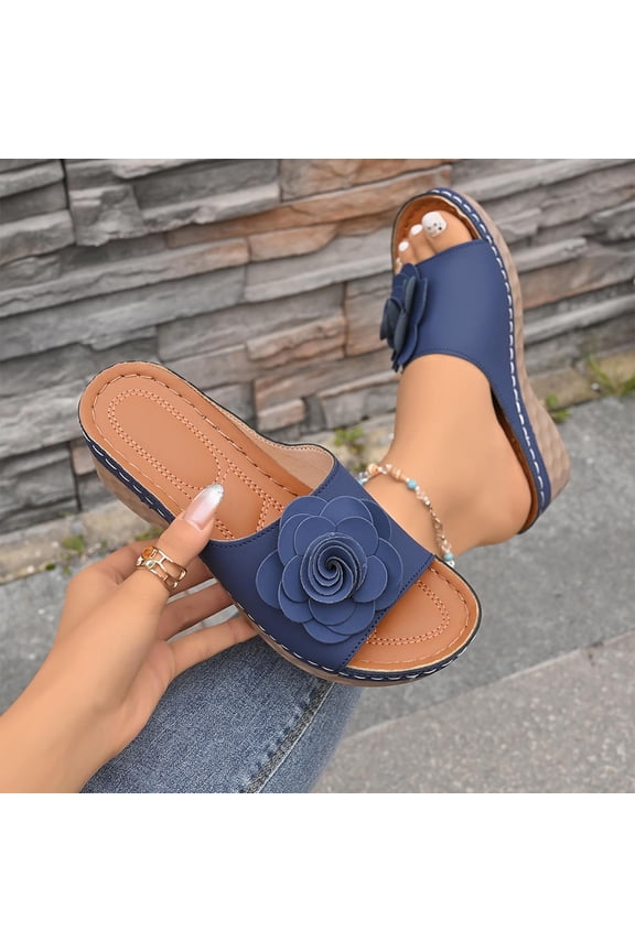 Womens Ladies Sandals Summer Beach Wedge Slide Sandals Women Low Open Toe Slides Comfortable Mule Sandals for Women Navy 5.5