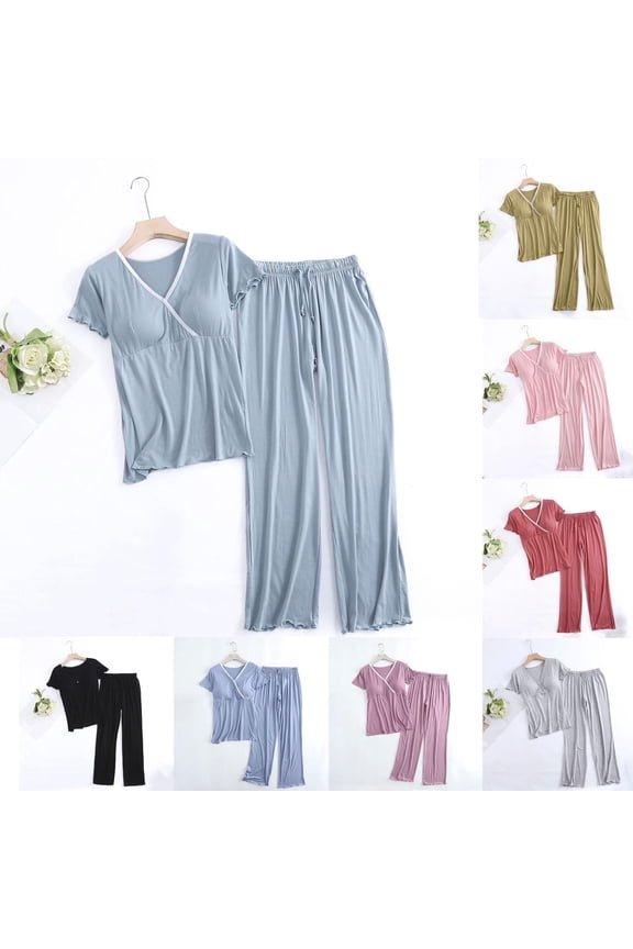 Womens Maternity Nursing Pajama Set Short Sleeve Top & Pants Breastfeeding Pregnancy Set with Pockets M-XXL