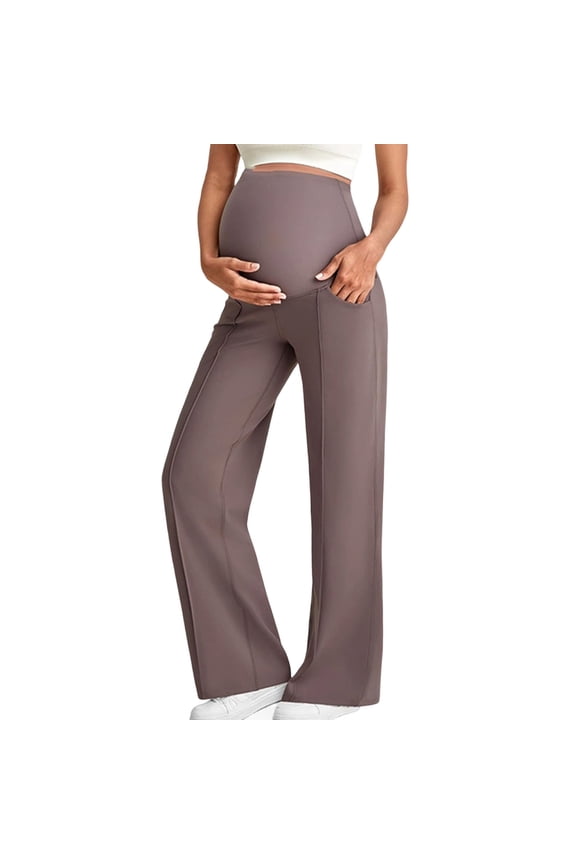 Womens Maternity Pants Solid Color Elastic Waist Flared Leggings for Women with Pockets for Yoga Work and Casual Wear Straight-leg Pants