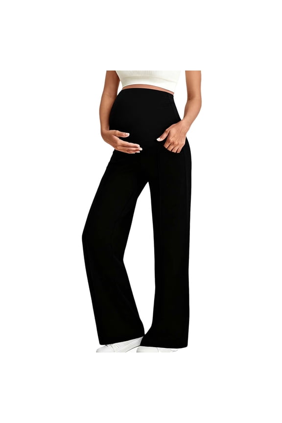 Womens Maternity Pants Solid Color Elastic Waist Flared Leggings for Women with Pockets for Yoga Work and Casual Wear Straight-leg Pants