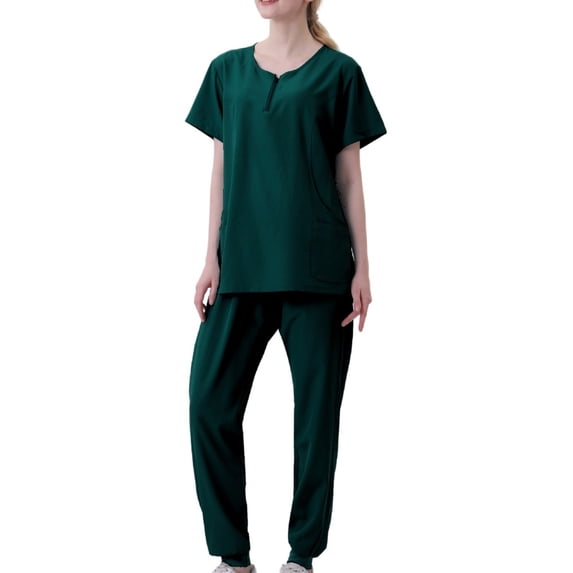 Amzcrzy Womens Modern Athletic Scrub Set V-Neck Short Sleeve Scrub Top & Yoga Jogger Scrub Pants Medical Uniform Solid Stretch Scrub Set Suit S-2XL