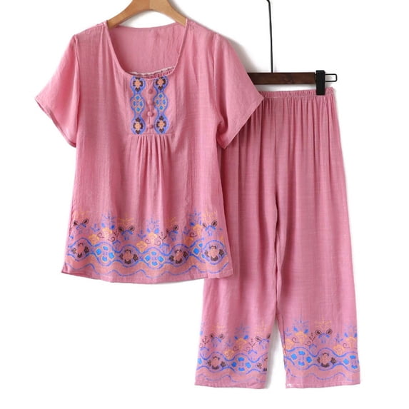 Amzcrzy Womens Pajama Sets Solid Color Linen Blend Crewneck Short Sleeve Women's Sleepwear Embroidered Top and Capri Pants Lightweight Casual Loungewear Sets Xl-4Xl Pink 2XL