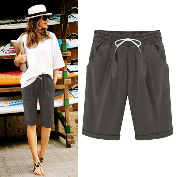 Amzcrzy Womens Pants with Pockets Comfy Linen Pleated Womens Shorts Fashion Knee Length Business Lounge Shorts Casual Solid Color Elastic Waist Drawstring Summer Outfits