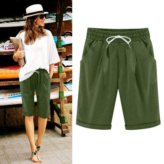 Amzcrzy Womens Pants with Pockets Comfy Linen Pleated Womens Shorts Fashion Knee Length Business Lounge Shorts Casual Solid Color Elastic Waist Drawstring Summer Outfits