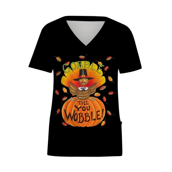 Amzcrzy Womens Plus Size Thanksgiving Scrubs TopsWomen's Short Sleeve V-Neck Thanksgiving Turkey Workwear Tops With Pockets Blouse Turkey Shirts Scrubs