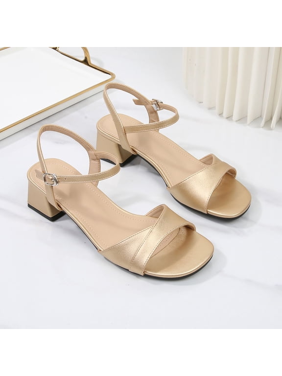 Womens Sandals Comfortable Walking Buckle Strappy 1 Inch Low Block Heel Sandals Soft Leather Open Toe Trendy Comfortable Shoes for Daily Casual Wear Gold