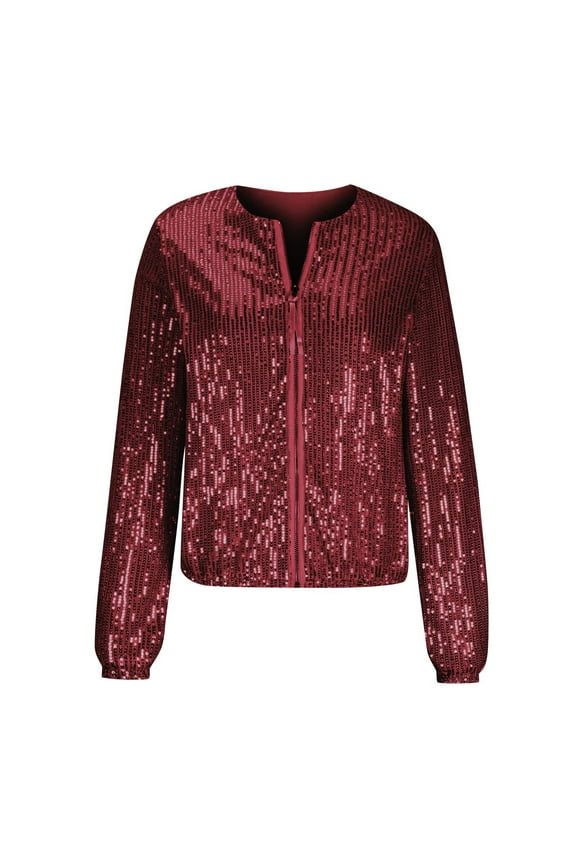 Womens Sequin Jacket Casual Plus Size Sparkle Coats Long Sleeve Jackets Front Zip Loose Casual Blazer Bomber Jacket with Pockets