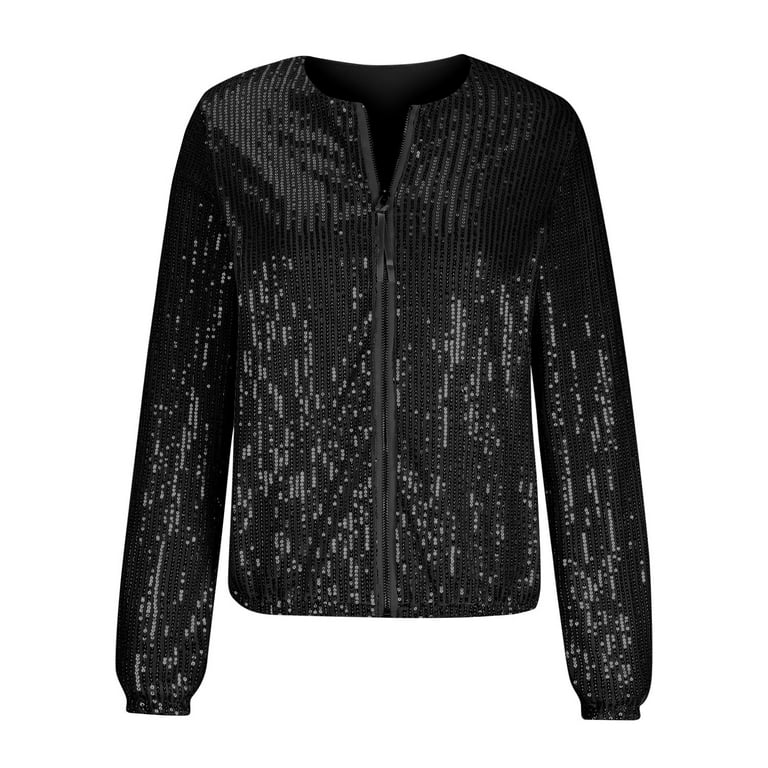 Amzcrzy Womens Sequin Jacket Casual Plus Size Sparkle Coats Long