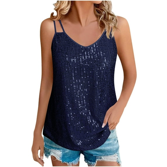 Amzcrzy Womens Sequin Top Sleeveless V-Neck Camisole Spaghetti Straps Cami Tank Tops Racerback Sparkly Shimmer Party Tops