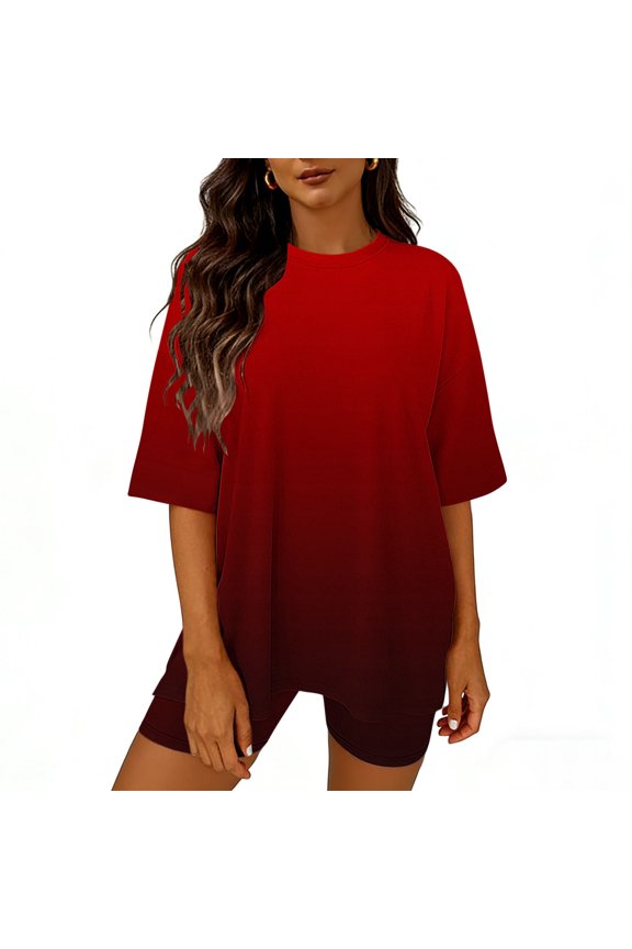 _Womens Suits 2 Piece Set Trendy Versatile Gradient Womens Lonugewear Set Casual Round Neck Short Sleeve Top Slim Short Pants Suit Summer Lounge Outdoor Biker Suit Set