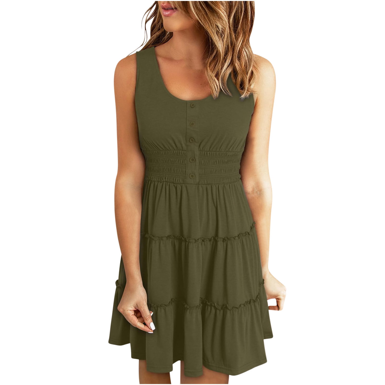Elegant Dresses For Women Women'S Summer Casual One Shoulder Sleeveless Smocked Elastic Waist Tiered Midi Dress платье