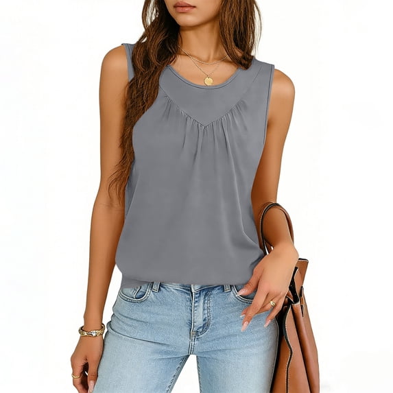 Amzcrzy Womens Tank Tops Casual Solid Color Sleeveless Tank Top for Women Trendy Pleated Front Going Out Tops Versatile Comfy Round Neck Vacation Summer Outfits M