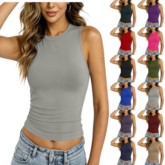Amzcrzy Womens Tank Tops Crew Neck Sleeveless Summer Tank Tops for Women Ruched Side Fitted Crop Top for Women Solid Color Casual Basic Tees for Daily Layering Gray S