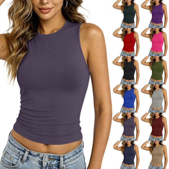 Amzcrzy Womens Tank Tops Crew Neck Sleeveless Summer Tank Tops for Women Ruched Side Fitted Crop Top for Women Solid Color Casual Basic Tees for Daily Layering Light Blue 2XL