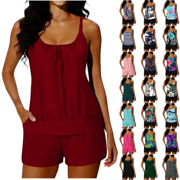 Amzcrzy Womens Tankini Bathing Suits 2026 Fashion Print Deep U Neck Two Piece Swimsuit with Built In Bra Adjustable Straps Top and Boyshorts with Pockets Modest Bathing Suit for Women @10 2XL