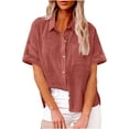 thumbnail image 1 of Amzcrzy Womens Tops with Pockets Turndown Collar V Neck Button Down Shirts for Women Dressy Casual Solid Color Linen Ladies Blouses Comfy Cuffed Short Sleeve Plus Size Tops 2XL, 1 of 5