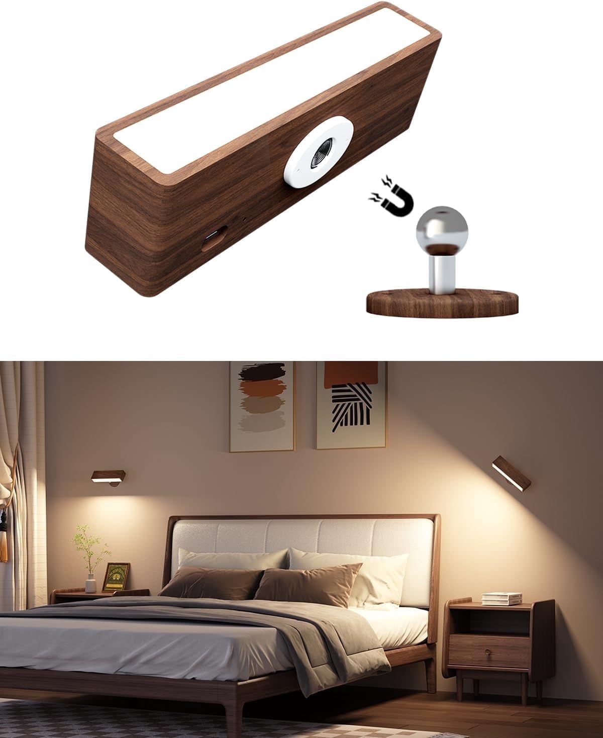 Wall Lights, Battery Operated Wall Sconce,Wireless Rechargeable Wall Sconce for Bedroom, Wall Mounted Reading Light, LED Wall Lights Rotatable, Brown 1 pack