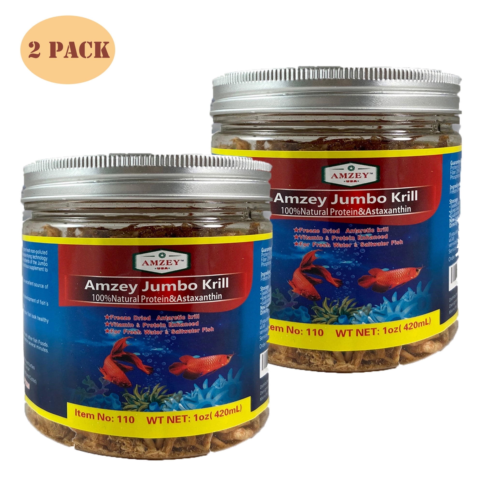 Amzey 2 Pack 1 oz Freeze Dried Jumbo Krill Fish Food for Cichlids, Bettas, Koi, Goldfish, Oscar, Catfish